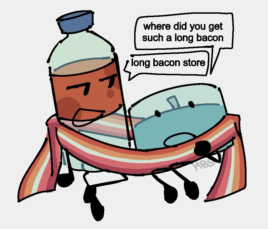 Colored doodle. Bryce and Amelia share a long scarf with the lesbian pride flag's colors, which so happens to resemble bacon.
Amelia: where did you get such a long bacon
Bryce: long bacon store