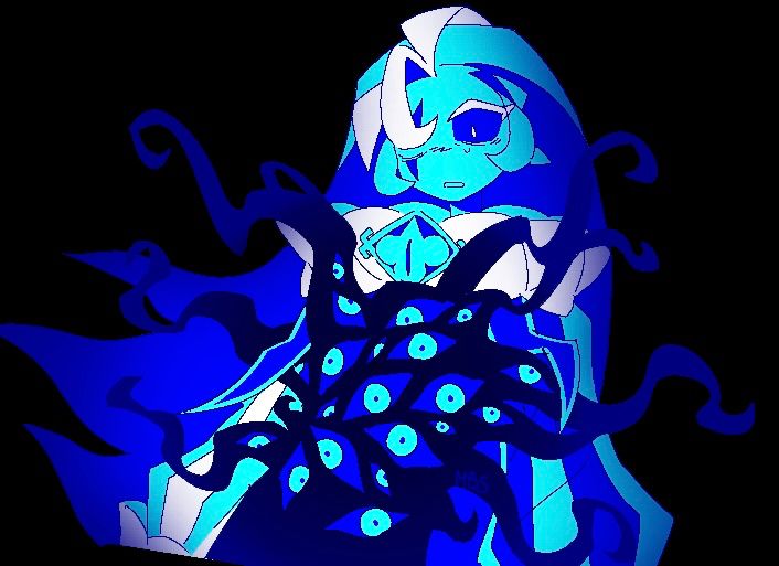 Shadow Milk Cookie looks down in fear as cluttered eyes and black tendrils emerge from his torso. Simple digital art that uses black, blue, cyan and white. The background is solid black. Slightly pixelated.