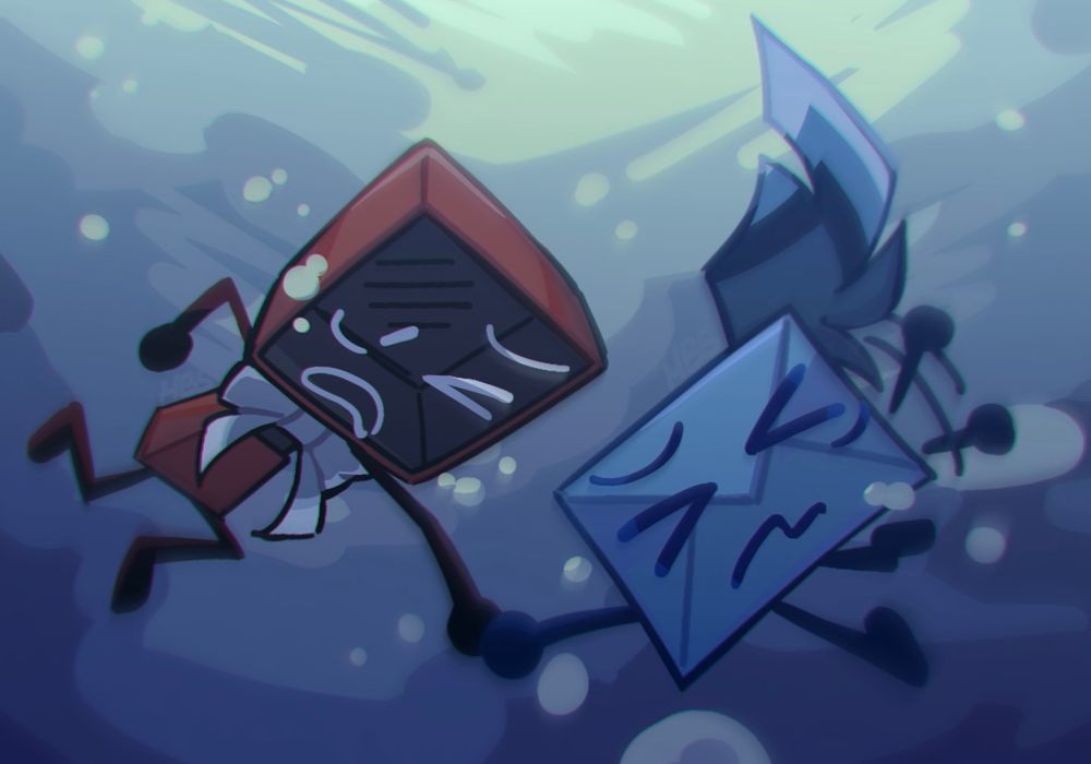 Rendered artwork, low-angle shot of 2 object characters, Frying Pan (red square frying pan with a white bowtie) and Envelope (sky blue envelope with a dark and light blue feather), sinking in water as they hold hands, both have fearful expressions