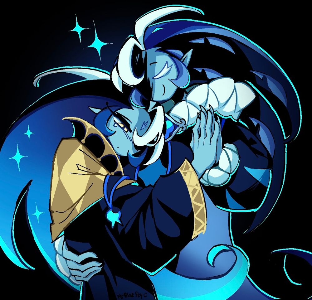 Rendered digital art of humanoid Shadow Milk Cookie and the Fount of Knowledge. Shadow Milk holds the Fount and happily leans on him. The Fount unhappily leans back. The background is black and they are outlined in cyan. I don’t care that the tags are unused I need propaganda.
