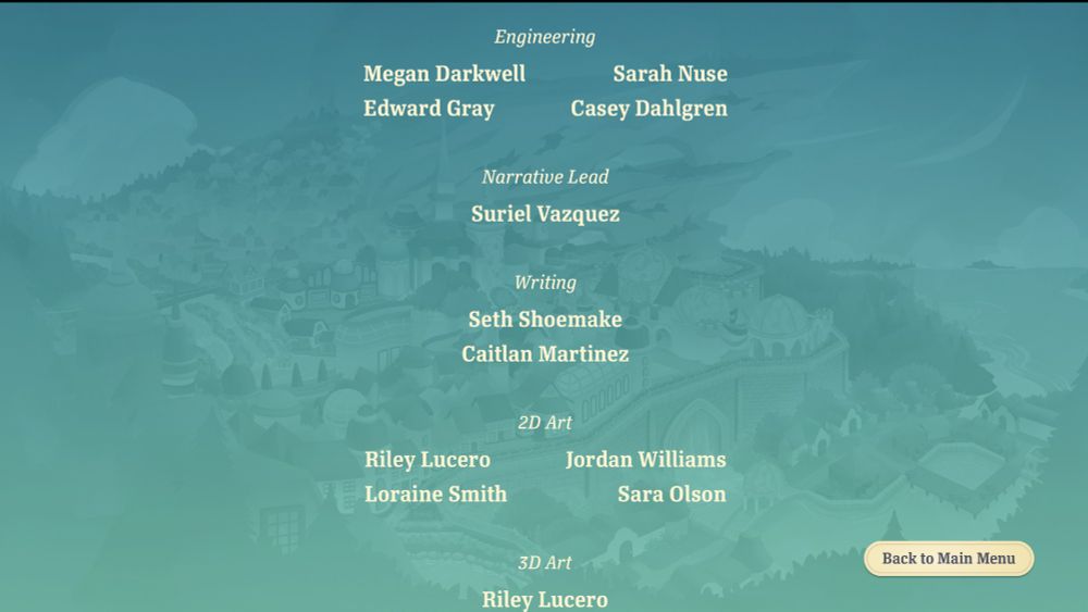 Screenshot of the credits of Merchants of Rosewall. Of note, I (Suriel Vazquez) am listed as "Narrative Lead;" Seth Shoemake and Caitlan Martinez are also listed under "Writing."