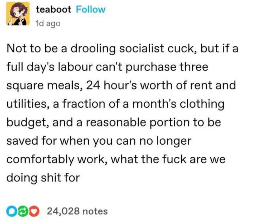 Tumbler Post:

♡
teaboot Follow
1d ago
Not to be a drooling socialist cuck, but if a full day's labour can't purchase three square meals, 24 hour's worth of rent and utilities, a fraction of a month's clothing budget, and a reasonable portion to be saved for when you can no longer comfortably work, what the fuck are we doing shit for
24,028 notes
