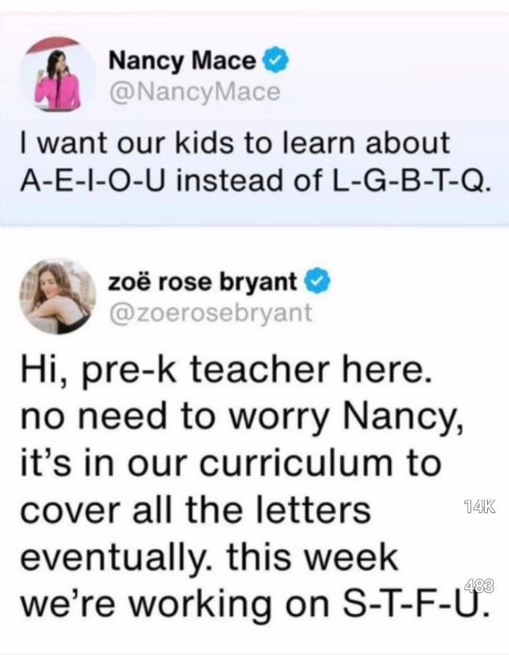 A tweet from Nancy Mace says, I want our kids to learn about A-E-I-O-U instead of L-G-B-T-Q. Below, zoë rose bryant replies, Hi, pre-k teacher here. No need to worry Nancy, we cover all the letters. This week were working on S-T-F-U.

