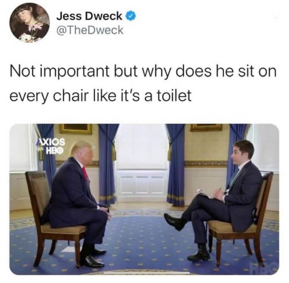 Tweet by Jess Dweck says, Not important but why does he sit on every chair like it’s a toilet, above an image of Donald Trump and a journalist seated facing each other during an interview in a formal room.