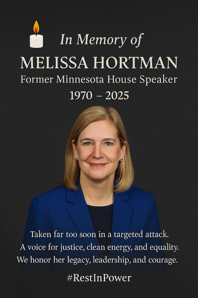 In memory of former Minnesota House Speaker. Taken far too soon in a targeted attach. A voice for justice, clean energy, and equality. We honor her legacy, leadership and courage. 