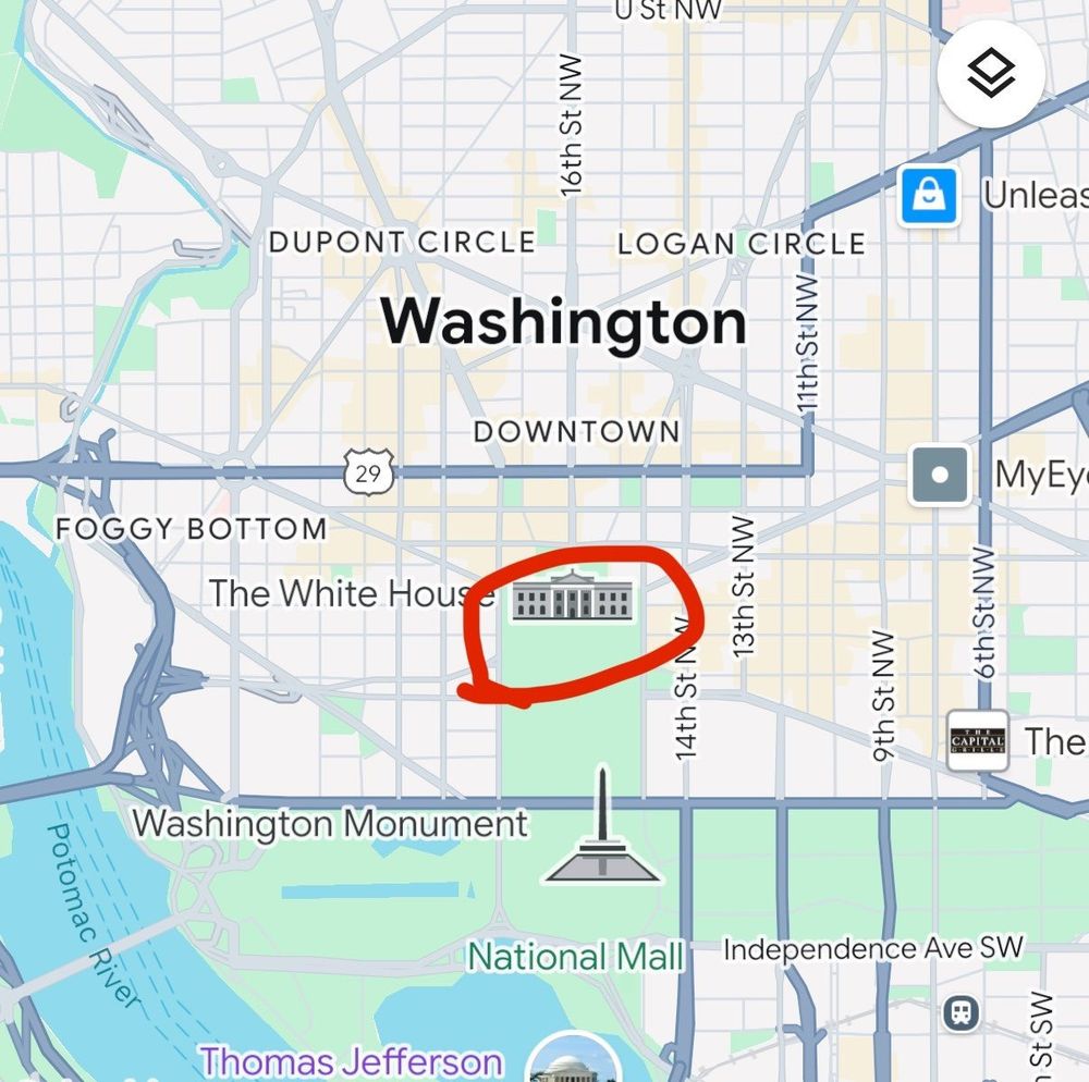 Map of downtown Washington, D.C. with key landmarks labeled, including the White House, Washington Monument, and the National Mall. The White House is circled in red.