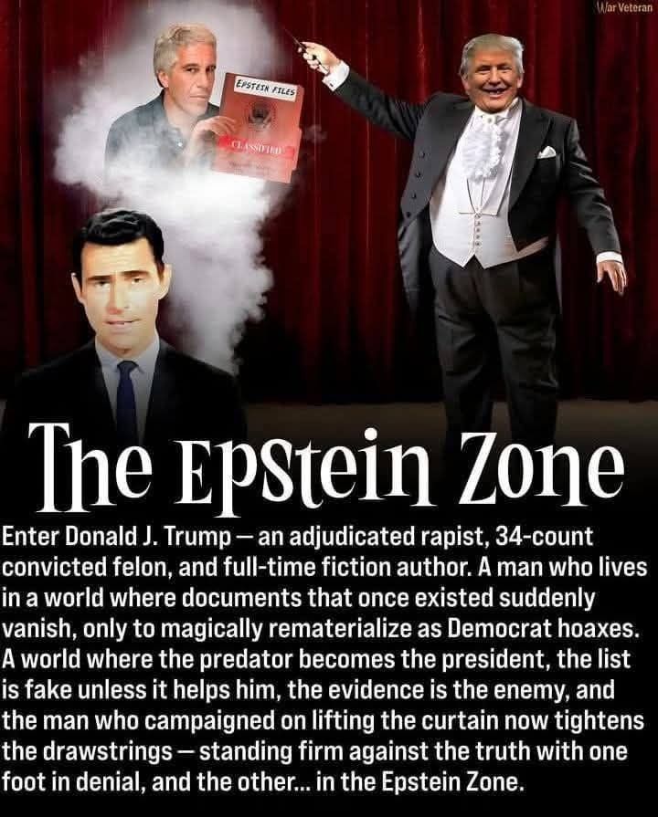 A surreal image styled after The Twilight Zone features Donald Trump in a tuxedo, Jeffrey Epstein's face on a folder, and a suited man in front. Text describes Trump as a defendant and references the Epstein case.
