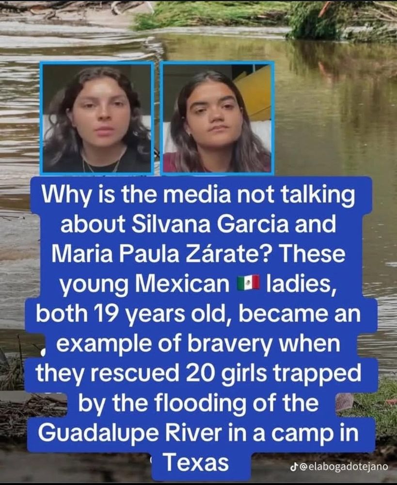 Two young women with serious expressions are shown above text describing their bravery in rescuing 20 girls from a flooding river in Texas. The background shows a muddy riverbank.