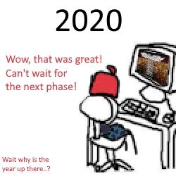 Chris from MetaWare High School (Demo) sitting at a PC desk taken from a rage comic that displays the Ciconia When They Cry Phase 1 title screen.
At the top of the image is the label 2020.
Below it is her dialogue which reads "Wow, that was great! Can't wait for the next phase!" In the bottom corner additional dialogue has her wondering "Wait why is the year up there..?"