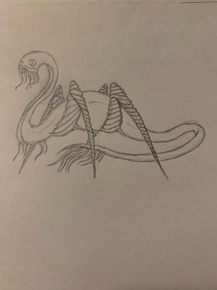 A pencil drawing of a worm parasite with spindley legs