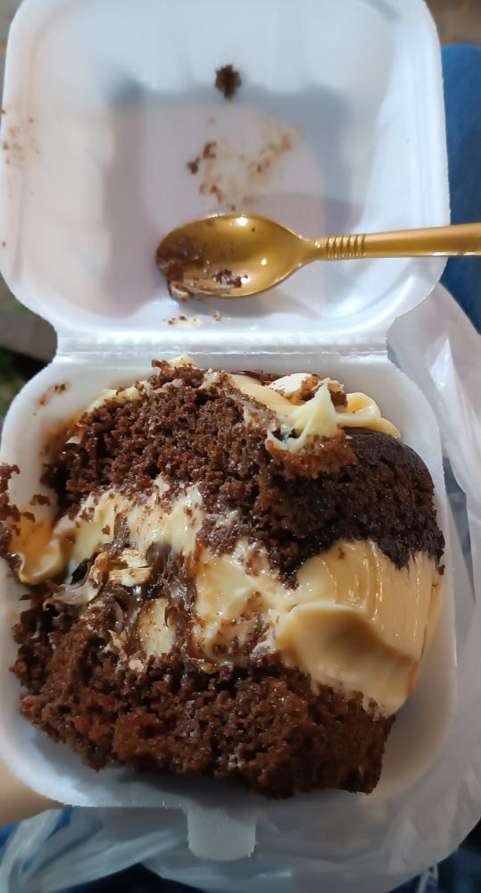 pedaço enorme de torta de chocolate com creme branco em uma embalagem de isopor