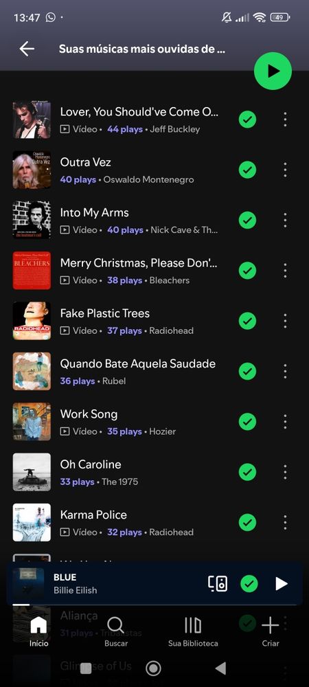músicas mais ouvidas no spotify com: lover, you should've come over; outra vez; into my arms; merry christmas, please don't call; fake plastic trees; quando bate aquela saudade; work song; oh caroline; karma police