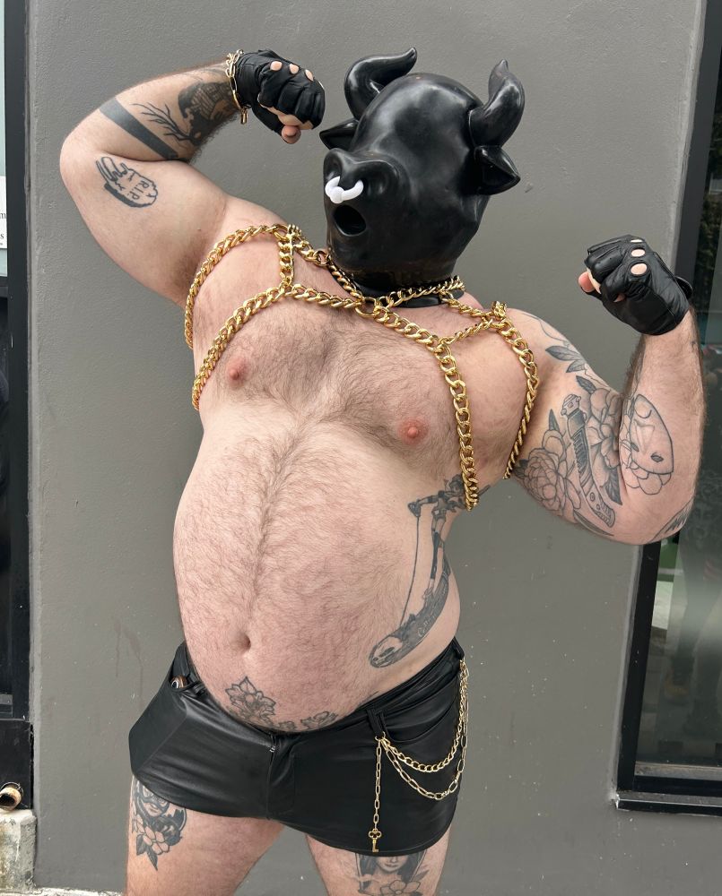 A chonky bull in black booty shorts, a gold chain harness and a silicon bull hood, flexing