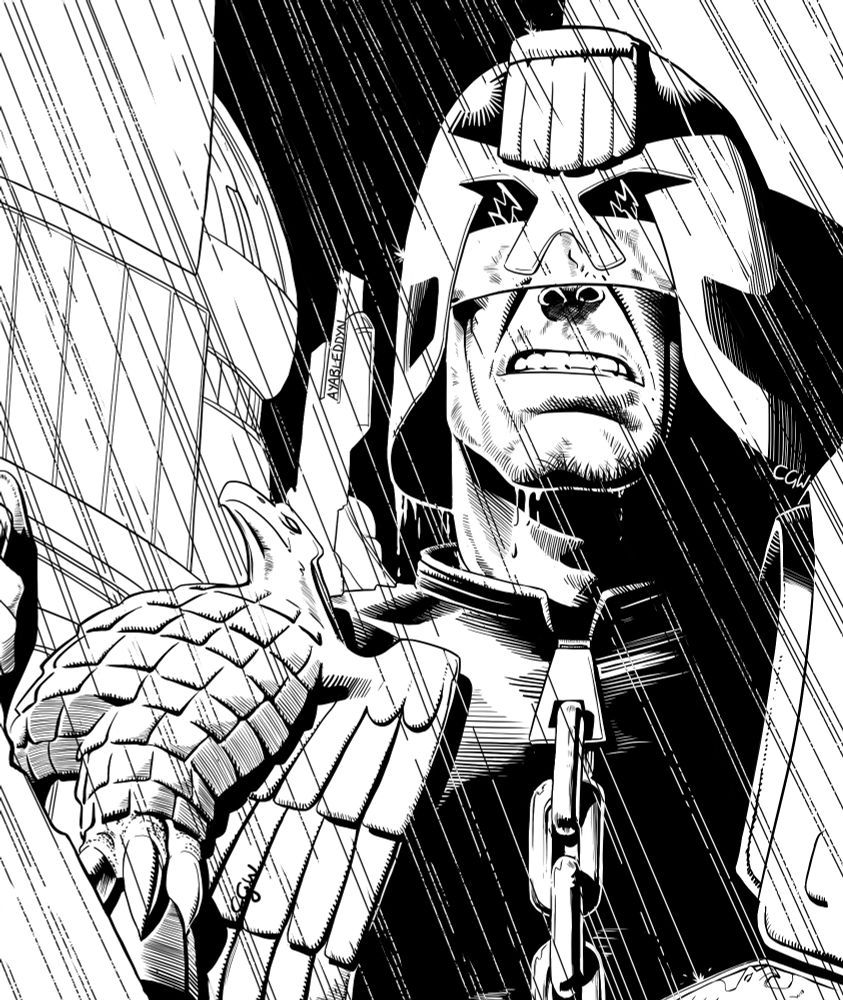 My study. Judge Dredd in the pouring rain.
