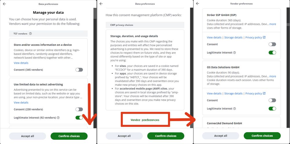 A copy of the Manage Your Data content management list allowing you to switch off cookies and tracking (some of which reveals your location). The first page shows about ten tick boxes to manually tick off which leaves you feeling like it's just tedious enough to not pay attention to the fact that if you scroll all the way to the bottom there is a button marked 'Vendor Preferences', which opens up to over 800 individual sliders which need to be rejected one by one in order to avoid being tracked by over 150 companies. The sliders on the previous page do not effect the buttons on this one, which are considered individual 'acceptance', despite the fact that if you never click the 'Vendor Preferences' button you'll never know you are allowing so many companies to track you anyway, given that ultimately the cookie form allows you to 'Accept all' (turning all your pushbuttons green) or 'Confirm choices' (to imply you've read and understood your options.) 

Most importantly, there is no 'Reject all' button.