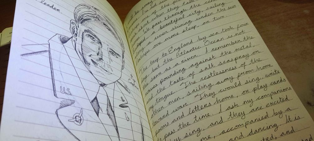 Journal page and a pen drawing of Steve Rogers in his army uniform