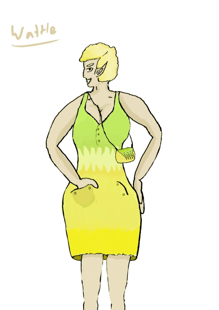 Elfine woman in a green and yellow dress with a transition stripe with a wave pattern and a clutch purse. 