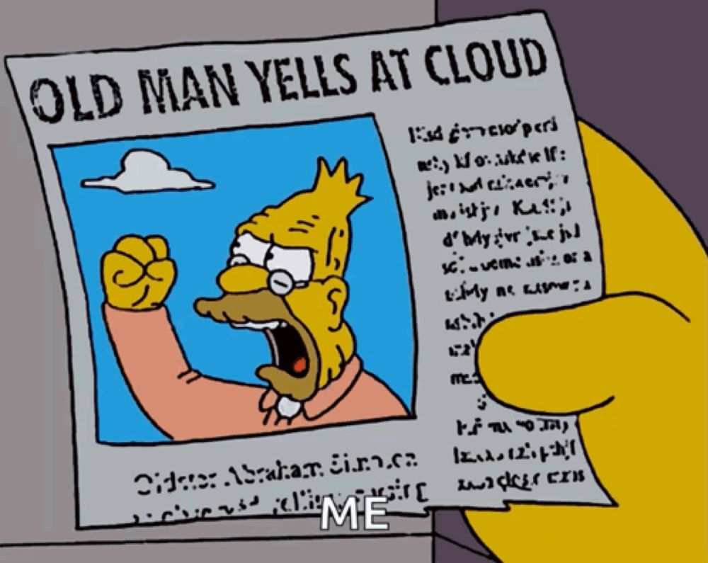 a cartoon of homer simpson is holding a newspaper that says old man yells at cloud