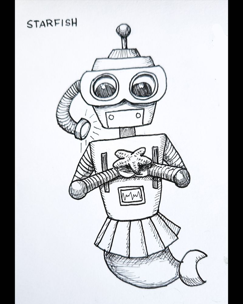 Drawing of robot, with goggle-like eyes and a tail fin,  holding a Starfish, illuminated by a flashlight attached to the robot's head.