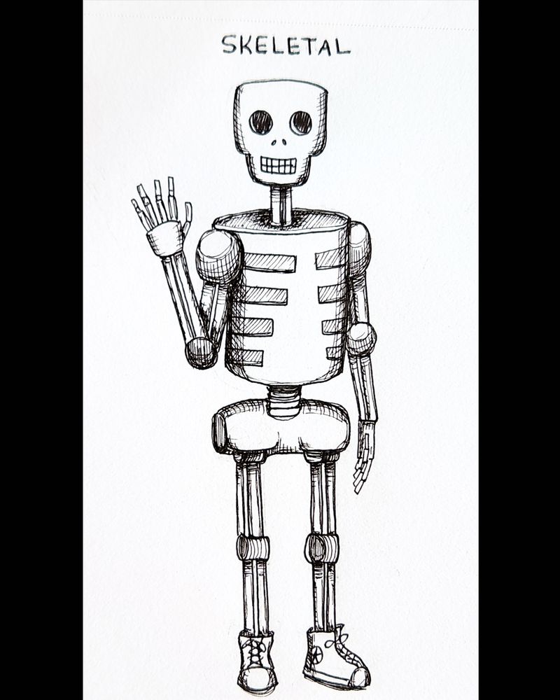Drawing of a robot that has skeletal features. It is waving its hand.  