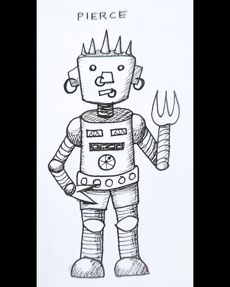 Drawing of a punky looking robot, with facial piercings, spikes on his head (like a mohawk), and a pitchfork and scissors for hands