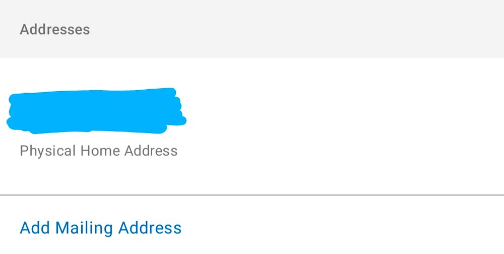 "Addresses" in amex canada app, showing a redacted physical home address and a button to add a separate mailing address