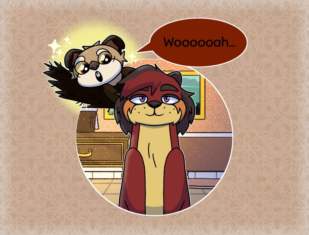 Pye-Eye is on Submarina's back saying "Woooooah...". The background is of a table with a drawer and a plant on top, a painting, and a tub, as they're in the bathroom. There is a bright light and some sparkles behind Pye, which is meant to represent the fact that he is in awe. Submarina is looking calmly ahead as if not shocked by his reaction, though this time, she has longer hair than usual.