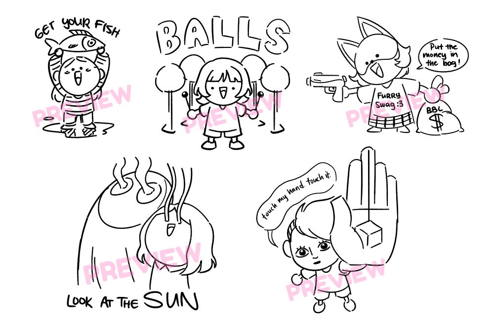 5 chibi sketches of Porter Robinson

1. Porter is holding a fish above his head. The text above says, "Get Your Fish."
2. Porter is standing in front of four orbs. Above him is the word "BALLS" in all caps.
3. Porter is wearing a fox mask that covers his eyes. He aims a watergun to his left and says, "Put the money in the bag!" The money bag reads "BBL $." His shirt says "Furry Swag."
4. Porter and a ghost from the "Look at the Sky" music video look upward, their eyes burning out of their sockets. The caption reads, "Look at the SUN."
5. Porter extends a giant hand out to the viewer with his palm facing outward. His hand looks similar to the hand on the "Worlds" album cover. His face is offputting and overly detailed. He says, "touch my hand. touch it."