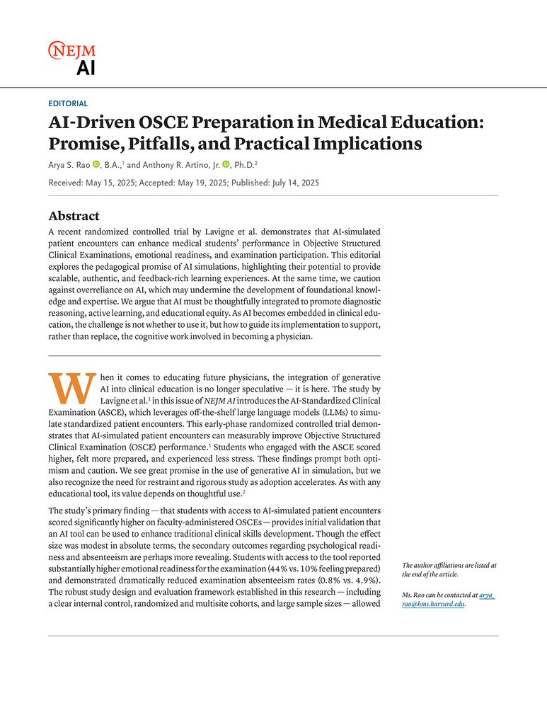 Page 1 of the editorial "AI-Driven OSCE Preparation in Medical Education: Promise, Pitfalls, and Practical Implications"