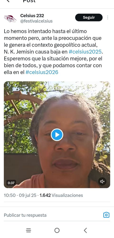 Captura de pantalla de la cuenta de tuiter del celsius donde se dice que nk Jemisin no puedo venir al celsius por la situación geopolítica actual