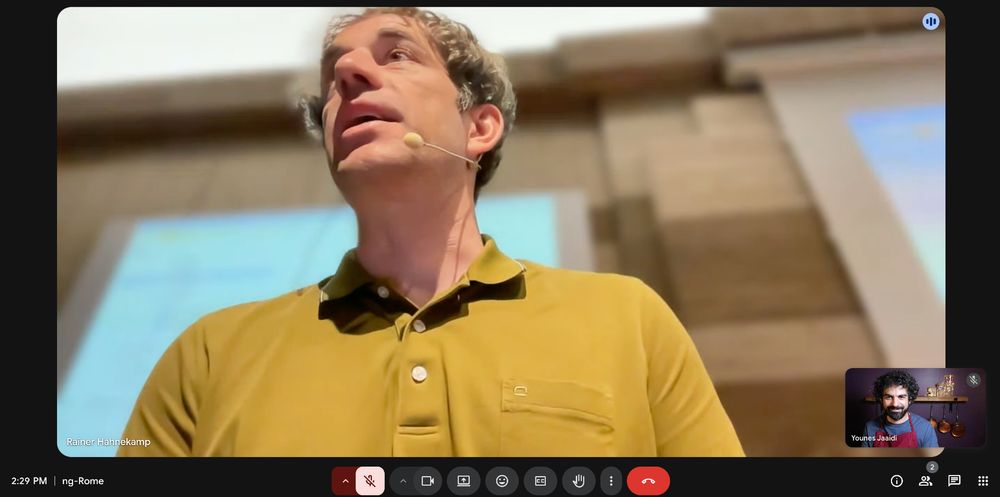 Google Meet screenshot with Rainer speaking at NgRome and Younes watching