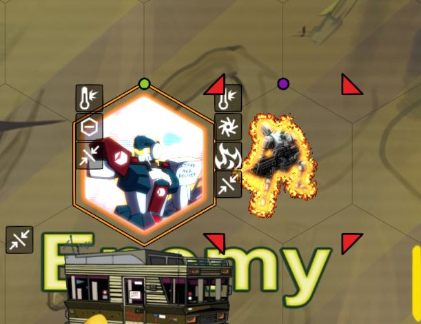 The two mechs have gotten closer together. The one on the left is absolutely incandescent with orange light. The one on the right has a target reticule around them, and is literally on fire.