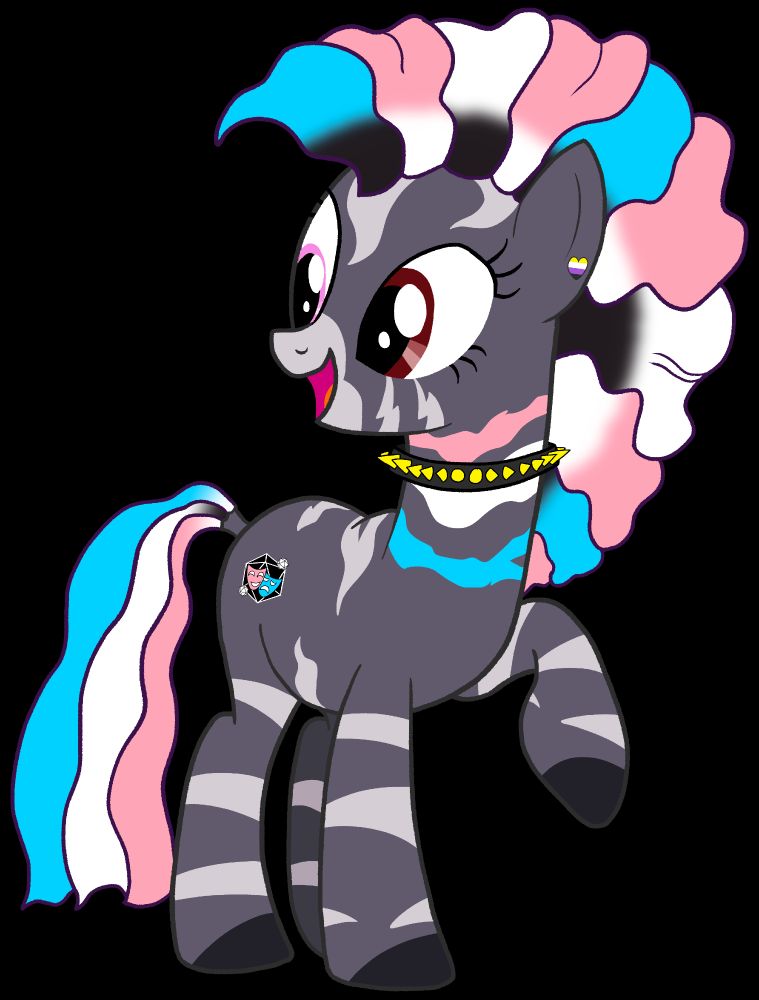 A My Little Pony OC. She is a zebra who's mane and tail have been dyed pink, blue, and white. She is mostly dark grey with lighter stripes, and is wearing a spiked choker. A symbol of dice with comedy and tragedy masks on top of them is on her flank as her cutie mark.