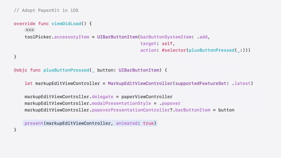 Screenshot from the PaperKit video showing how to setup and show the MarkupEditViewController.