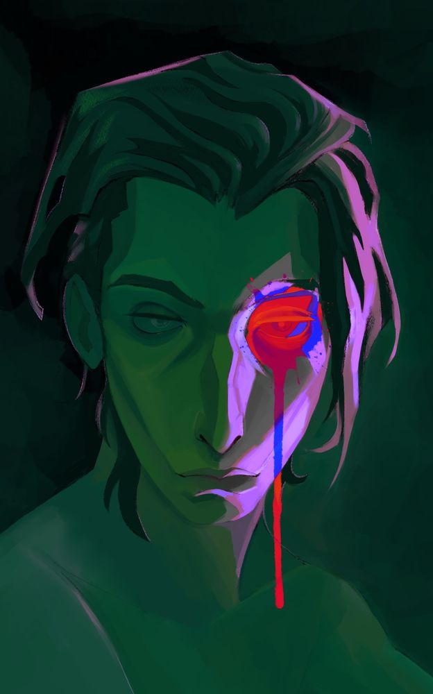young silco from arcane, in green tones with a bright purple light on his left (our right) side, and a neon splotch of red over his left eye with a long drip of color down the canvas