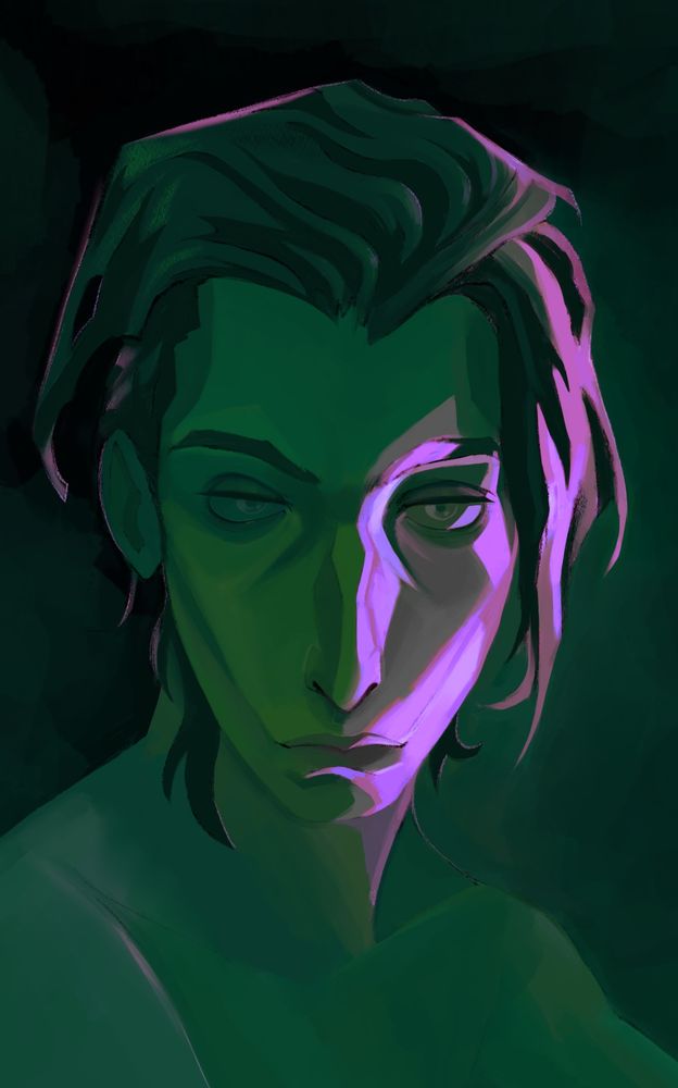 young silco from arcane, in green tones with a bright purple light on his left (our right) side, this time with no a neon splotch of red over his left eye