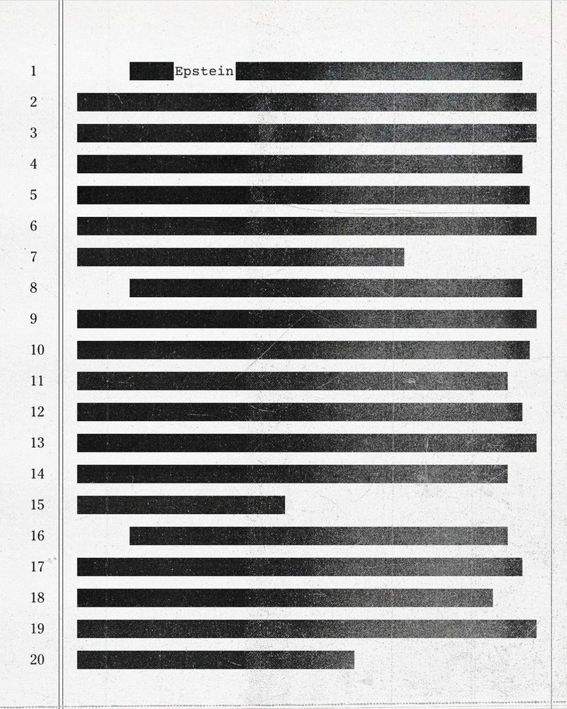 Image of a heavily redacted document with the only legible word being Epstein.