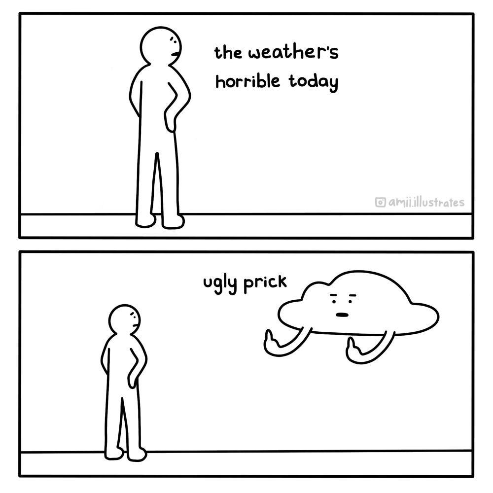 Funny comic strip. A person says “the weathers horrible today”. A cloud flips him off, saying “ugly pr#ck”. Illustration drawn in simplistic cartoon line art style. By Amii Illustrates.