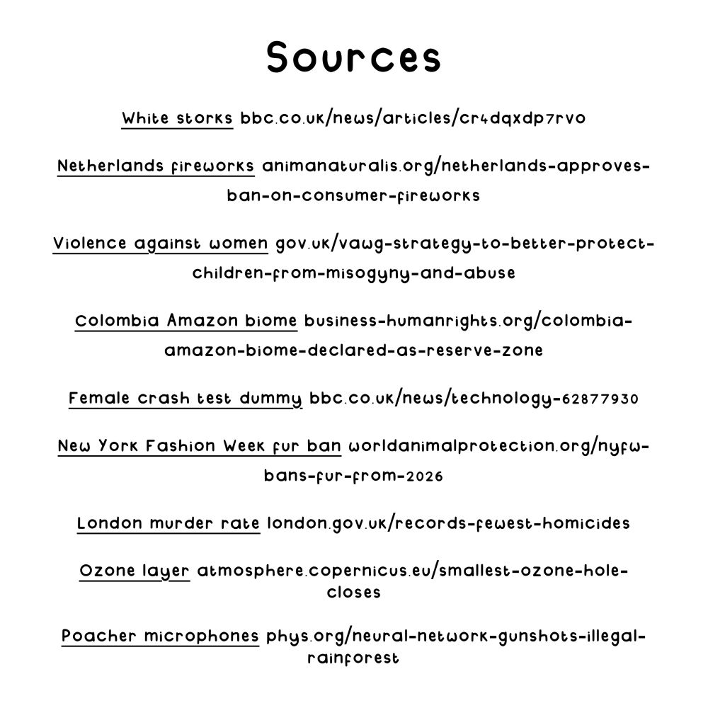 Sources

White storks bbc.co.uk/news/articles/cr4dqxdp7rvo

Netherlands fireworks animanaturalis.org/netherlands-approves-
ban-on-consumer-fireworks

Violence against women gov.uk/vawg-strategy-to-better-protect-
children-from-misogyny-and-abuse

Colombia Amazon biome business-humanrights.org/colombia-
amazon-biome-declared-as-reserve-zone

Female crash test dummy bbc.co.uk/news/technology-62877930

New York Fashion Week fur ban worldanimalprotection.org/nyfw-
bans-fur-from-2026

London murder rate london.gov.uk/records-fewest-homicides

Ozone layer atmosphere.copernicus.eu/smallest-ozone-hole-
closes

Poacher microphones phys.org/neural-network-gunshots-illegal-
rainforest
