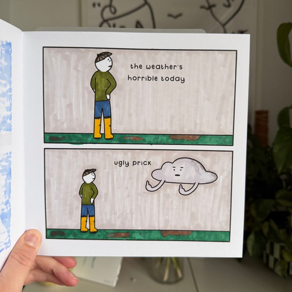 Same funny cartoon coloured with more detail, including a farmers outfit for the person