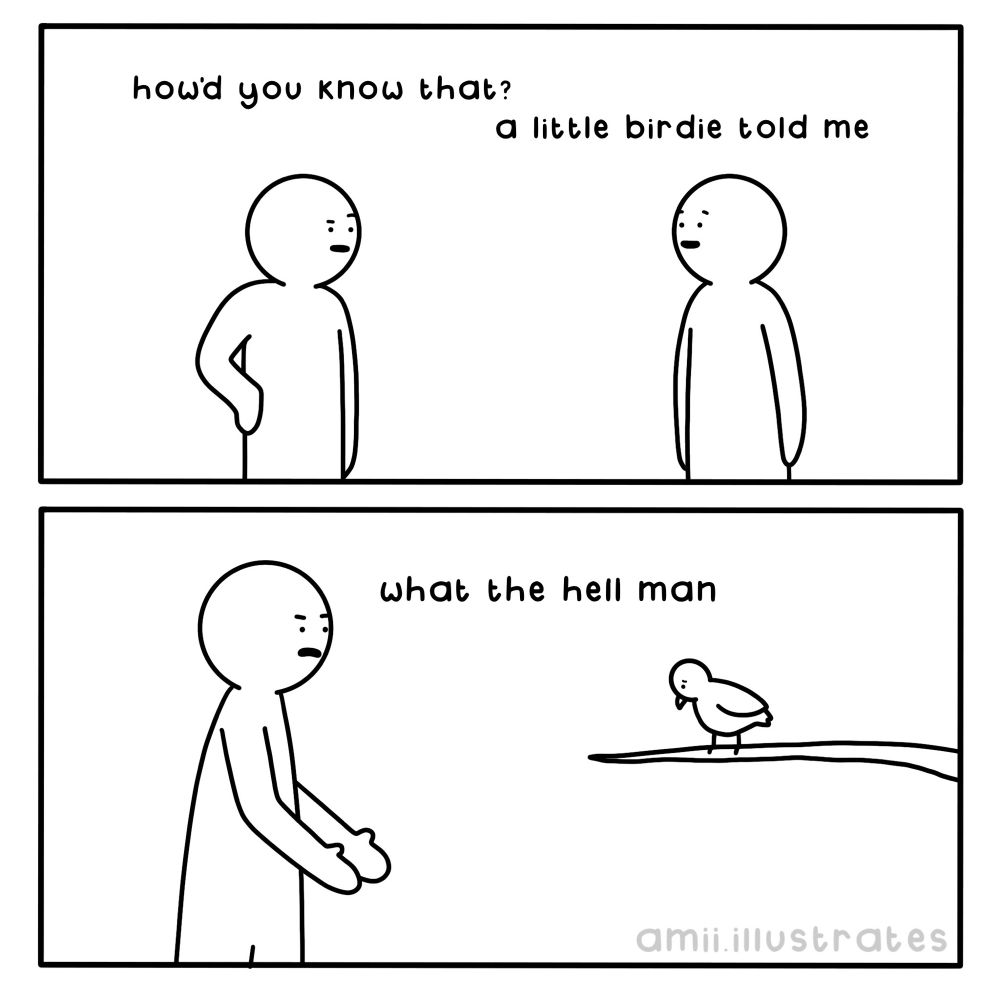 Funny comic strip. Two people, one says “how’d you know that?”. The other replies, “a little birdie told me”. First person says to a small bird “what the hell man”. Illustration drawn in simplistic cartoon line art style. By Amii Illustrates. 