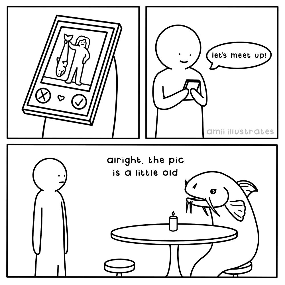 Funny comic strip. 
Message from a dating profile with a photo of a person holding a fish, “let’s meet up!”
Meets up and finds a large catfish waiting for them at a dinner table, “alright, the pic is a little old”.
Illustration drawn in simplistic cartoon line art style. By Amii Illustrates. 