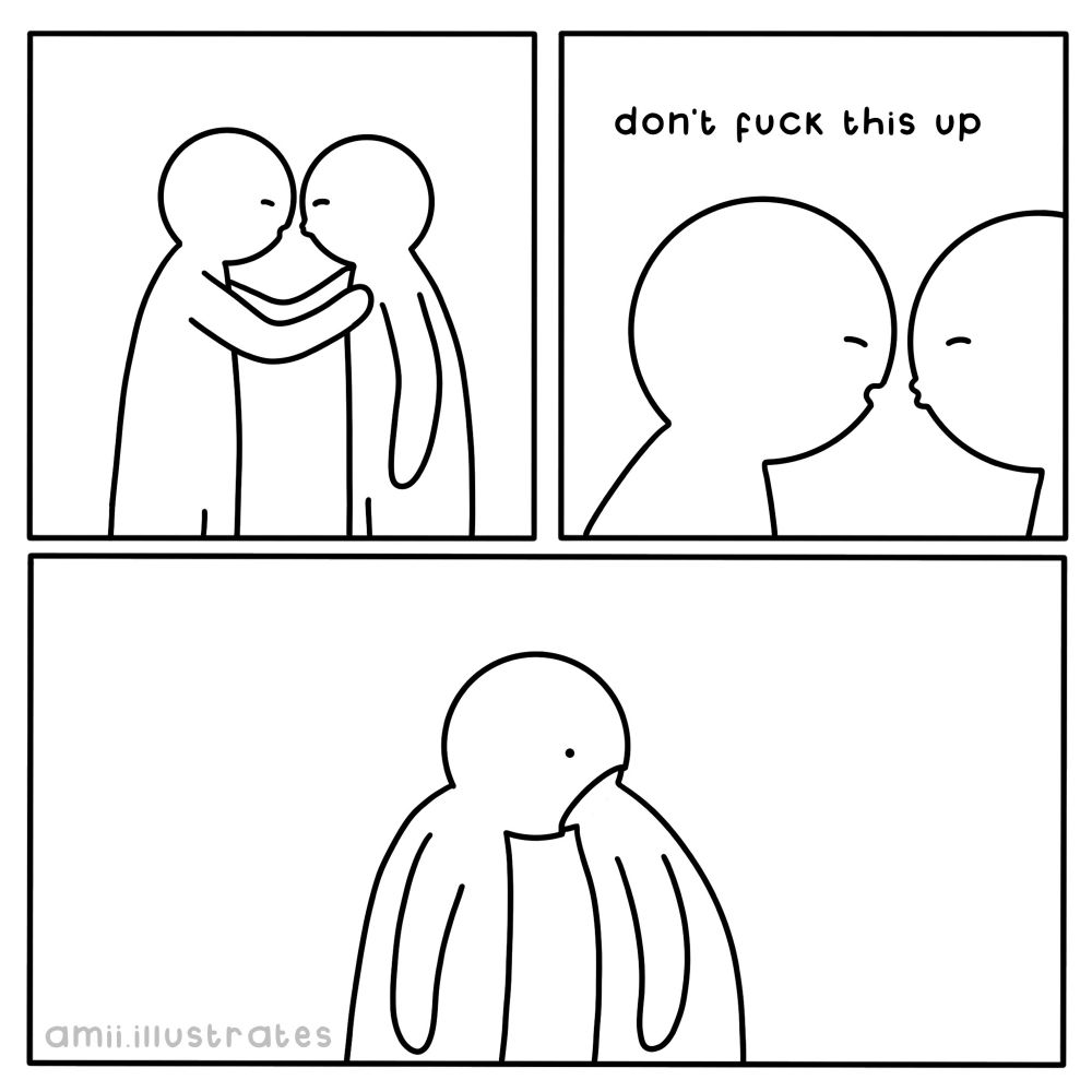 Funny comic strip. *Leaning in for a kiss* “don’t f#ck this up” *eats entire head*. Webcomic drawn in simplistic cartoon line art style. By Amii Illustrates.