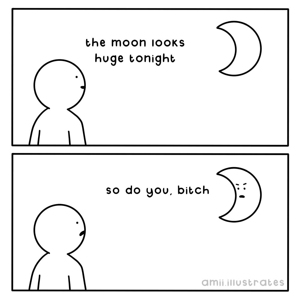 Funny comic strip. A person says “the moon looks huge tonight”. The moon replies “so do you, b#tch”. Illustration drawn in simplistic cartoon line art style. By Amii Illustrates.