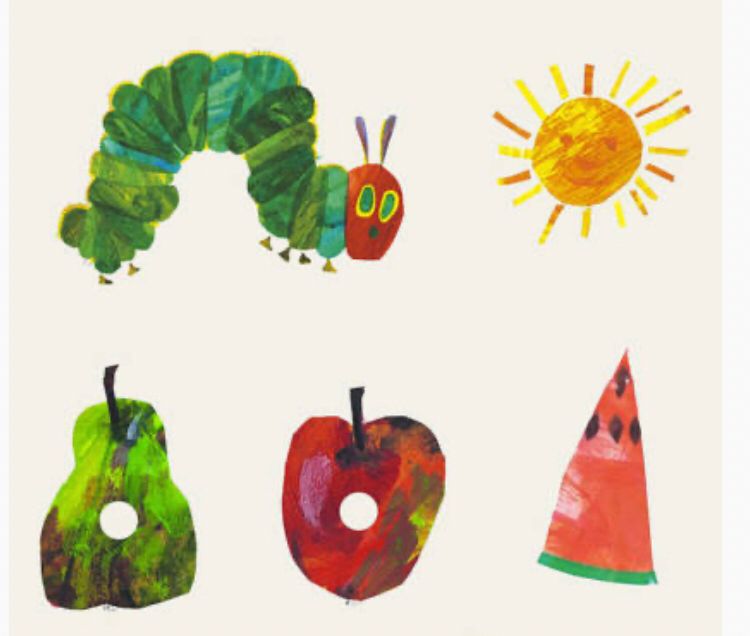 The very hungry caterpillar with a pear, an apple and some watermelon he has eaten