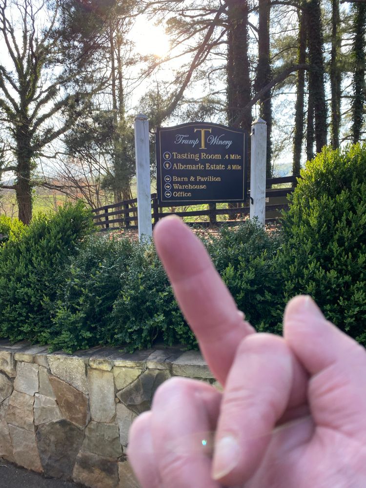Flipping off the Trump Winery sign