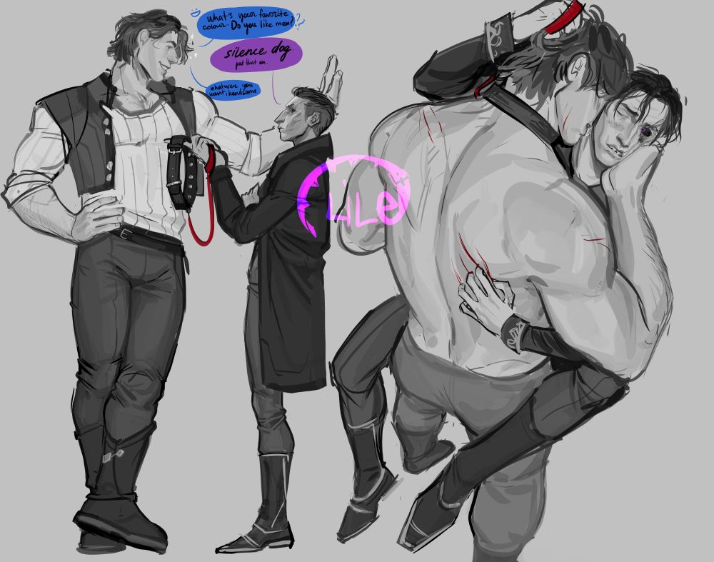 vander and silco talking, vander saying romantically: "what is your favorite color? do you like men?", silco interrupting him with strict: "silence, dog. put that on", handing vander a collar with inner spikes; vander kissing silco on his neck