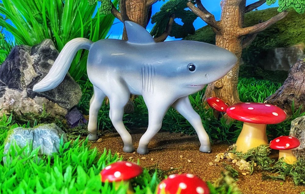 A shark/horse hybrid creature walking through the forest.