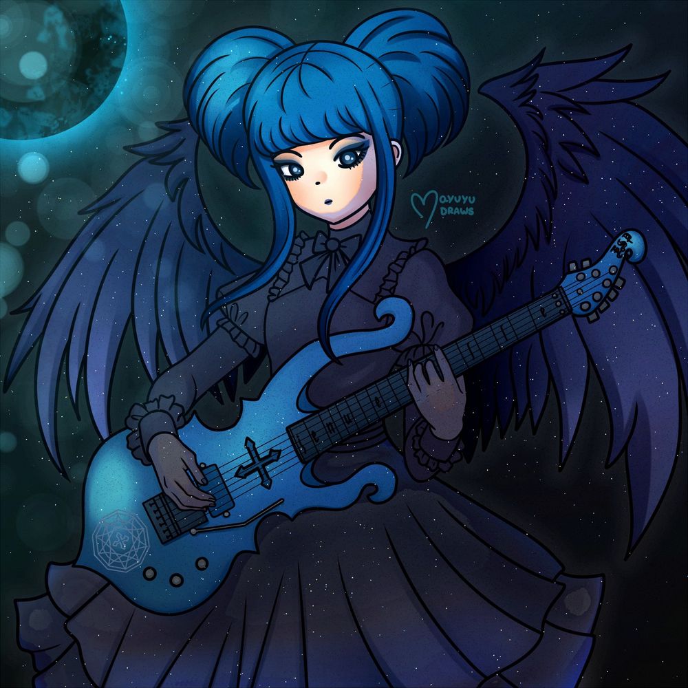 A digital illustration of Mana Sama, resplendent in a gothic lolita dress, cradles a guitar with delicate grace. Their black and blue angel wings, ethereal and haunting, unfurl like a darkened sky at twilight, casting a mystical aura around them.