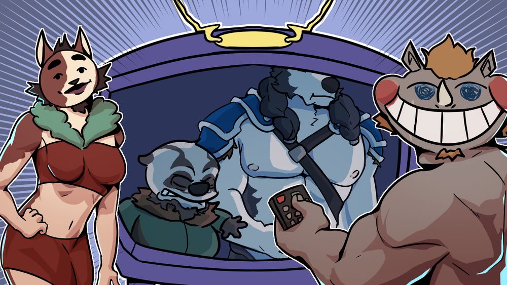 Art by @weptmac.bsky.social of Chapomon with the body of the dancer from Leaf-Burning Festival complete with breast and a face from The Amazing World of Gumball and Venny buff, shirtless and holding a TV remote control with the smiling face of a cat by alyssa/kat (@comababeyy) mimicing the look of Bart from The Simpsons meme of The Exact Moment When His Heart Rips in Half. There is a purple TV showing Hector of Devil's Gambit drawn as Ralph as his heart is ripped in half standing next to a disinterested Cadgan who's size puts him way out of frame of the television.